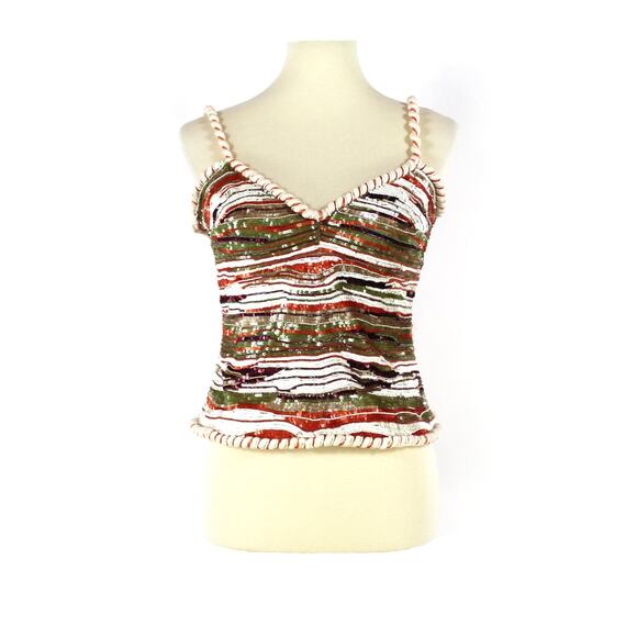 Valentino Sequin Multicolor Embellished Rope Tank Top 6 NEW V-Neck Silk Shirt - Picture 1 of 7